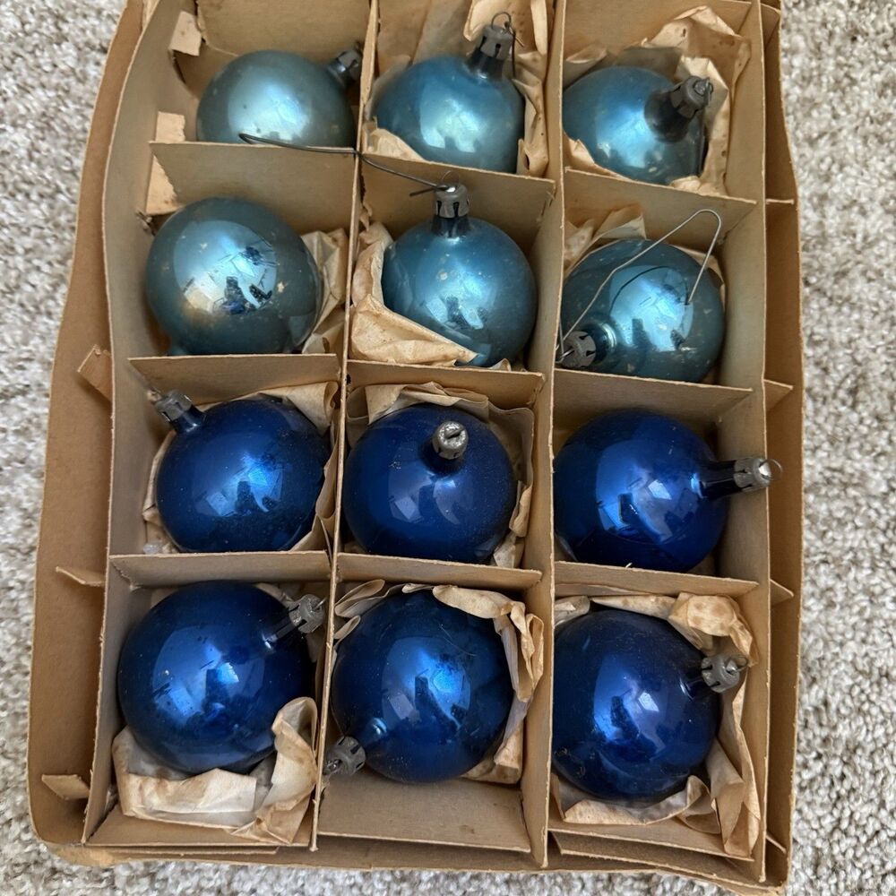 12 Vintage Ornaments Colorful BLUE Glass Balls MID CENTURY Decor Original Box